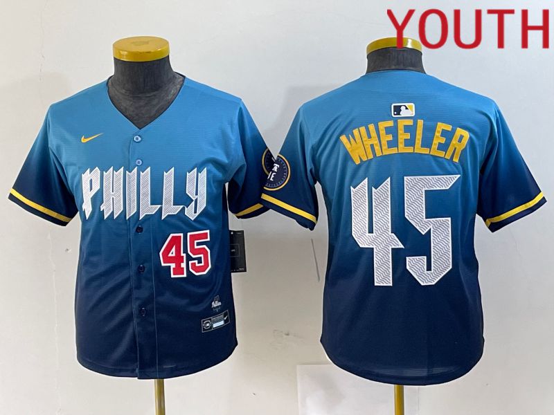 Youth Philadelphia Phillies 45 Wheeler Blue City Edition Nike 2024 MLB Jersey style 2